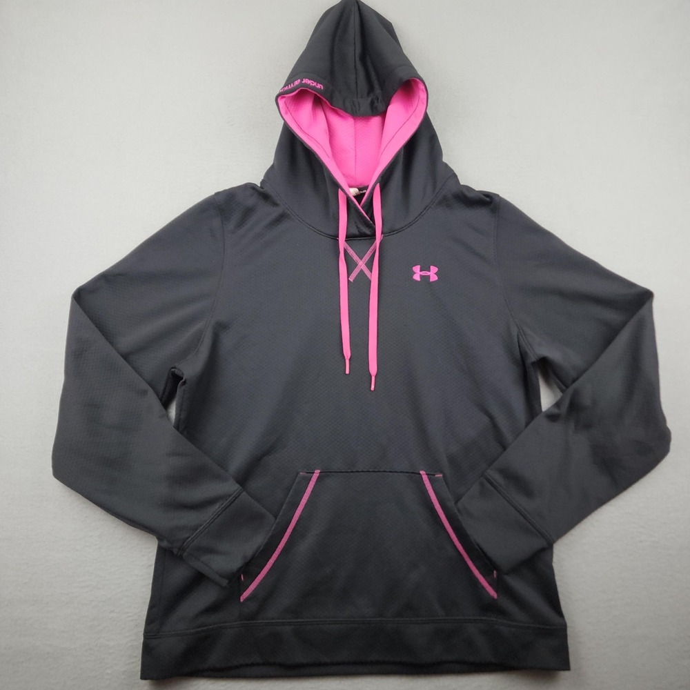 Under Armour Hoodie Womens L Black Pink Lined Fleece V Neck Pullover Logo Gym